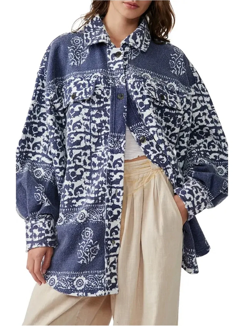 Free People Navy and White Abstract Print Button Jacket